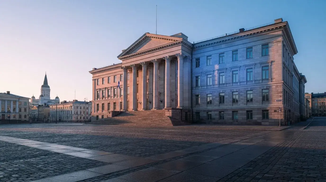 Kivinen valtionhallinnon julkisivu Helsingissä aamunkoitteessa, korkeat pylväät ja tyhjä aukio edessä — baccarat kasinopelit