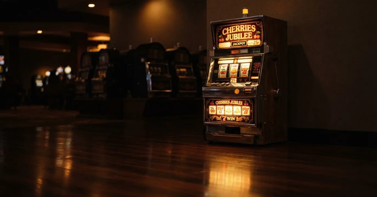 Vanha hedelmäpeliautomaatti hehkuu hämärässä pelisalissa, heijastus kiillottaa tummaa lattiaa — heti voitot casino