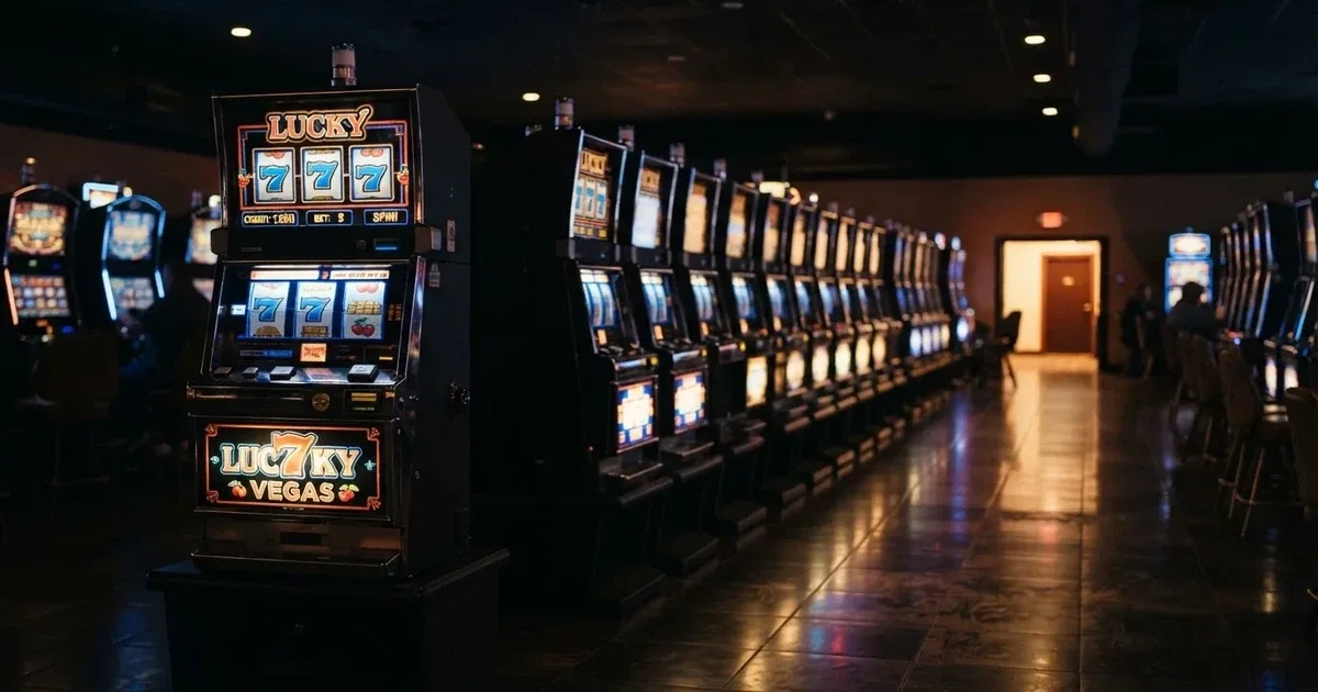 Pelikaappien rivi hämärässä hallissa, jokaisen rullat hohtavat eri väreillä ja lattia heijastaa — kolikkopelit casino pelit