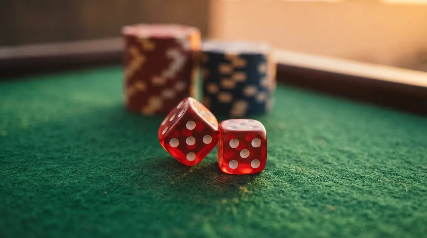 Punaiset nopat lepäävät vihreällä huovalla, taustalla sumeita pelimerkkitorneja iltahämärässä — kolikkopelit casino pelit