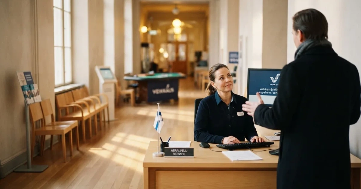 Virkailija istuu virastotiskin takana, asiakas seisoo vastapäätä aamuvalossa täytetyssä salissa.