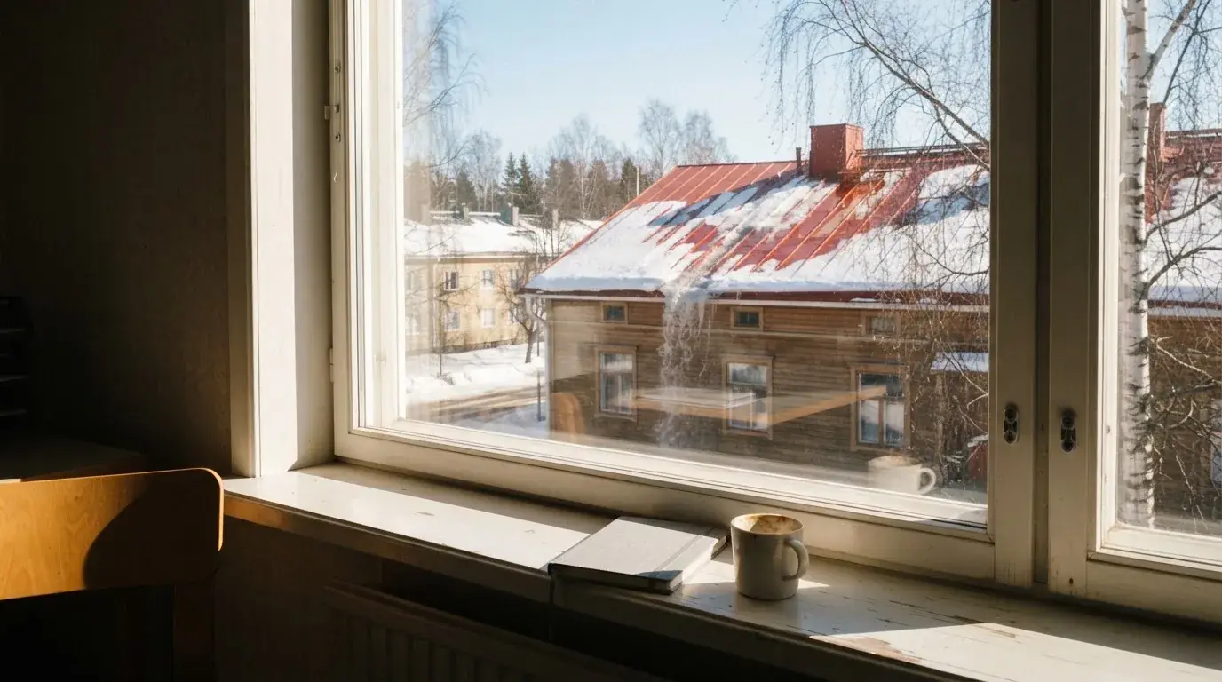 Toimistohuoneen ikkunasta näkyy maaliskuun aamu, lumi sulaa katolla auringonpaisteessa hiljaisella aamulla.
