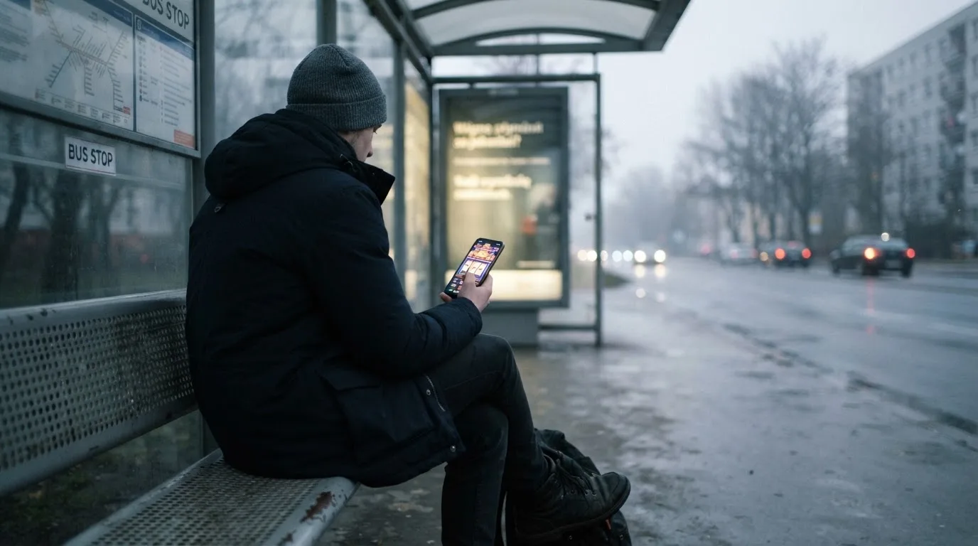 Nuori mies selaa älypuhelinta bussipysäkillä odottaessaan iltapäivällä, taustalla sumuinen katunäkymä.