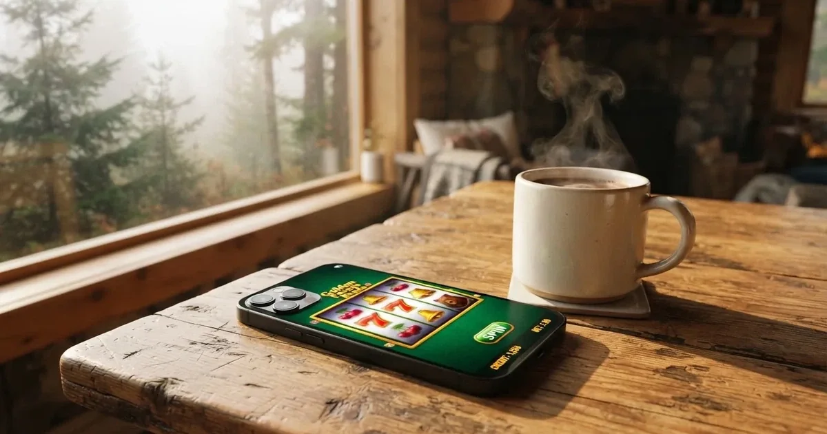 Kädet pitelevät lämmintä kaakaomukia metsämökin portailla, vieressä suljettu tabletti ja aamusumua — mobiilikasino puhelimessa