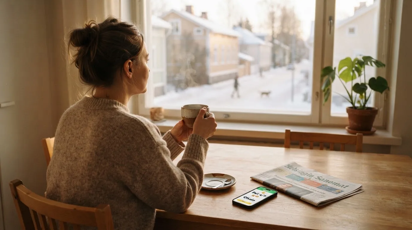 Henkilö istuu keittiön pöydän ääressä teekupin kanssa katsellen ulos ikkunasta aamulla.